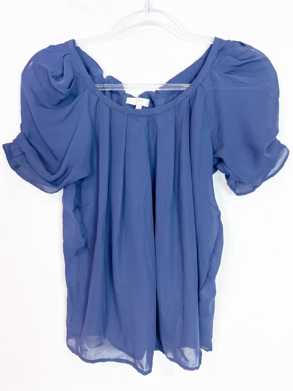 JOIE NAVY BLUE SHORT PUFF SLEEVE SILK BLOUSE GATHERED NECKLINE TIES IN BACK XXS